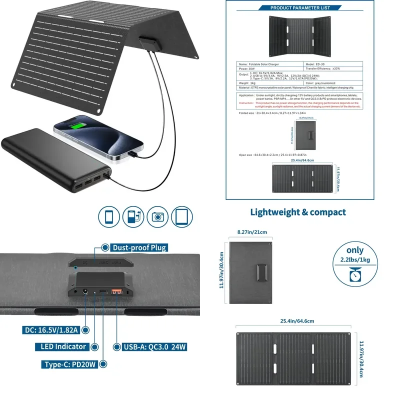 30W Mini Foldable Monocrystalline Solar Panel USB-C PD Fast Charging Laptop Phone Security 20% Efficiency