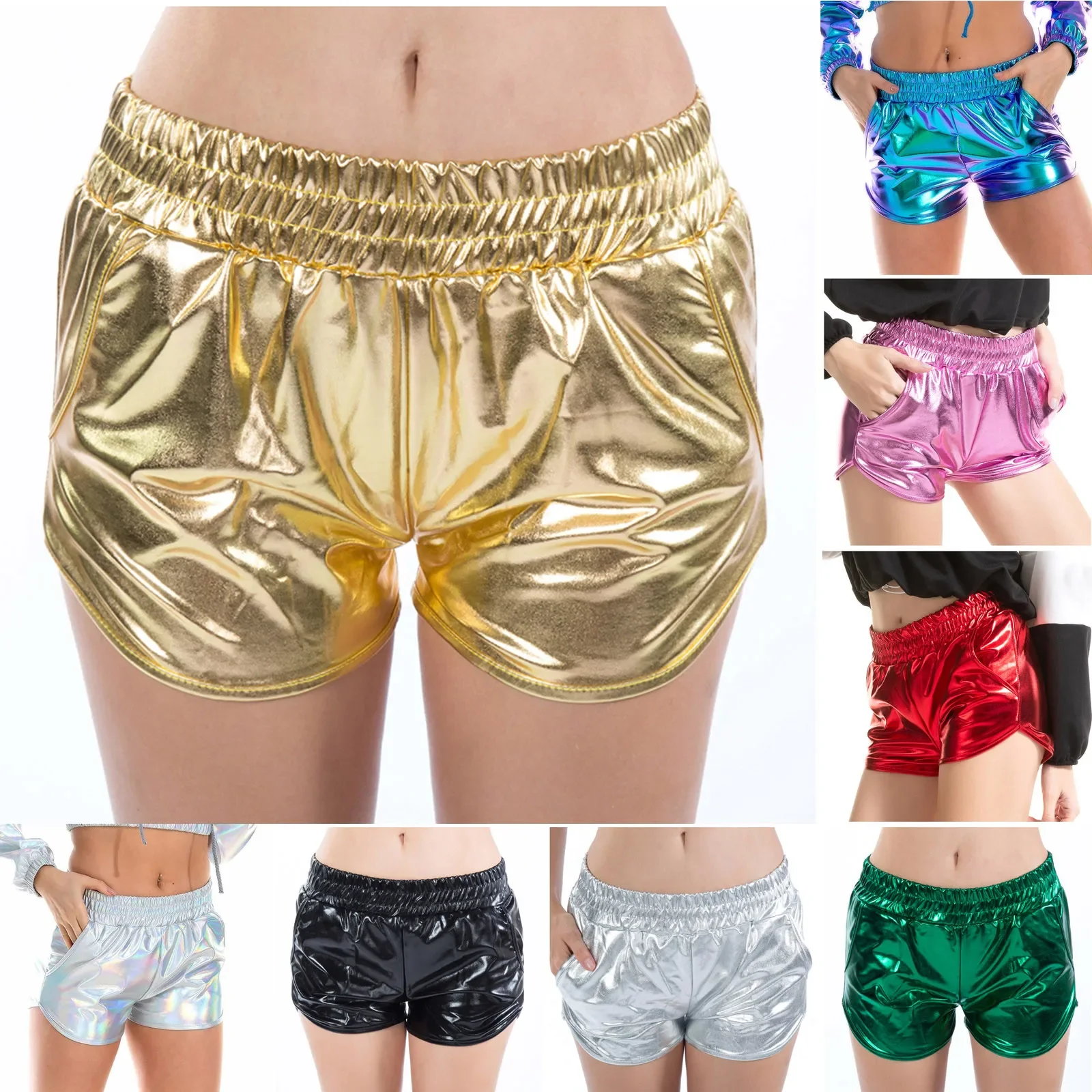 

Shiny Metallic Shorts Women High Waist Pants Yoga Sport Pants Sparkly Outfit Elastic Waist Rave Booty Dance Party Sexy Shorts