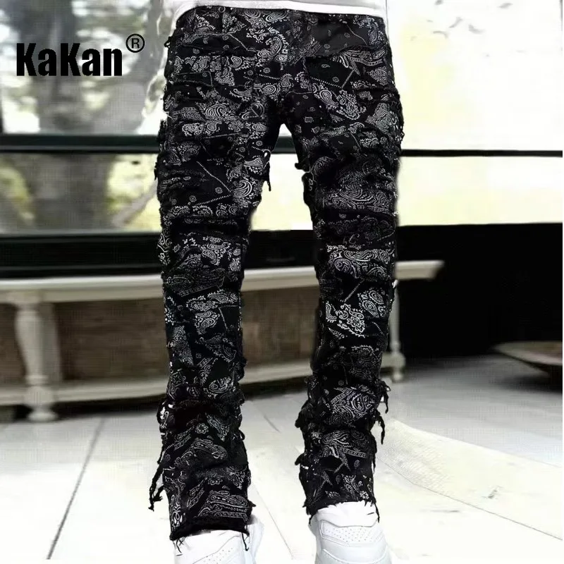 Kakan - New Men's Elastic Patch Jeans, Y2k Clothes Street Fashion Straight Leg Pants Long Jeans Jeans Man Brand