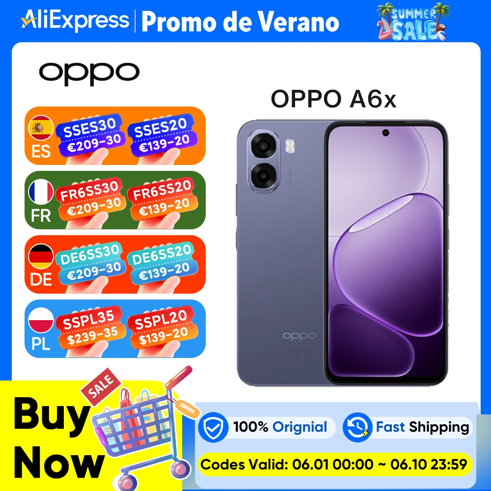 Version européenne du smartphone OPPO A6x 4 Go + 128 Go Bleu, 6100 mAh, écran 6,75 pouces, garantie officielle, ColorOS 15.0, garantie officielle