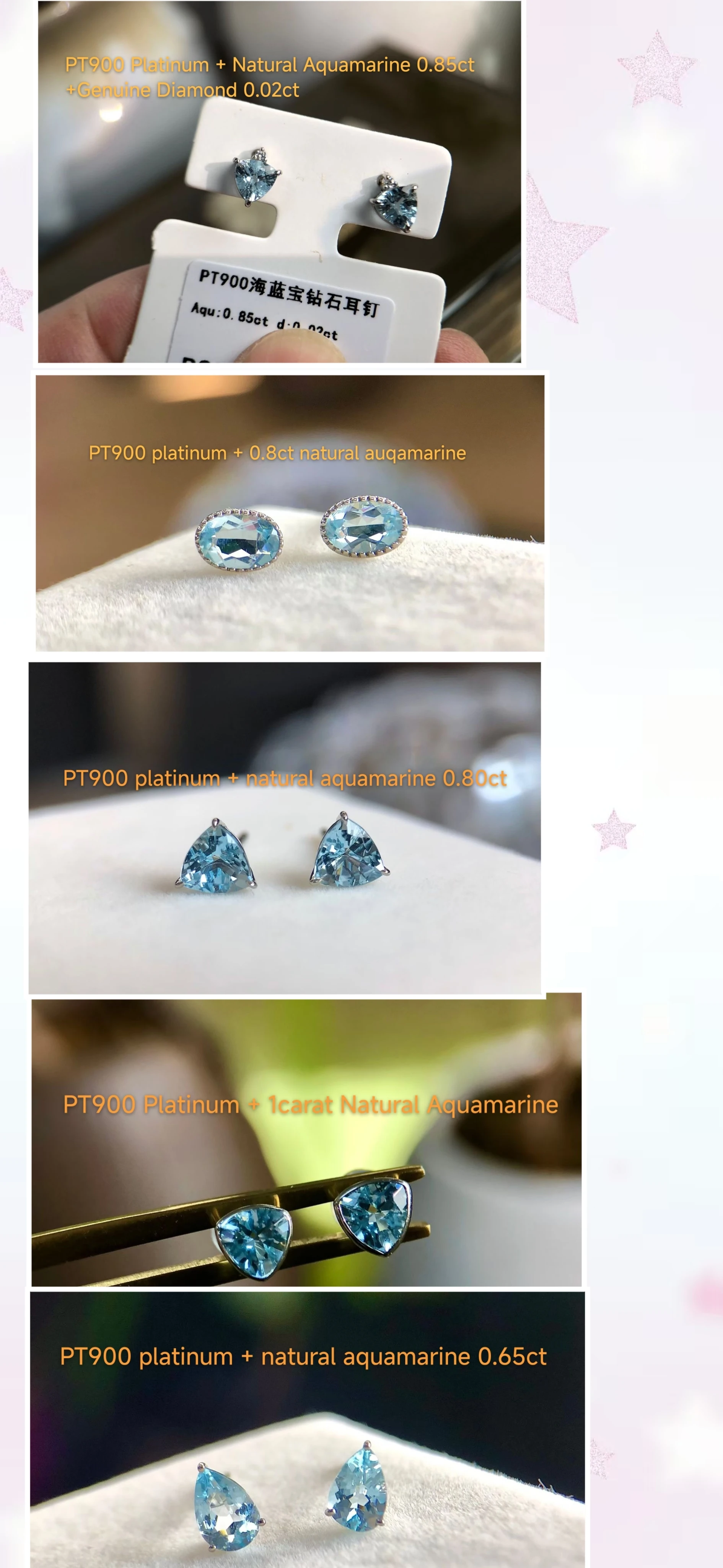 Certificated Simple PT900 Platinum Natural Aquamarine Ear Stud Real White Gold Genuine Diamond Geometric Earrings High Jewelry