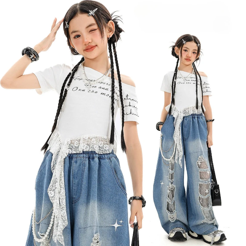 

Girls Street Dance Costumes White Top Ripped Denim Pants Ballroom Practice Clothes Set Group Kpop Performance Stage Show Outfits