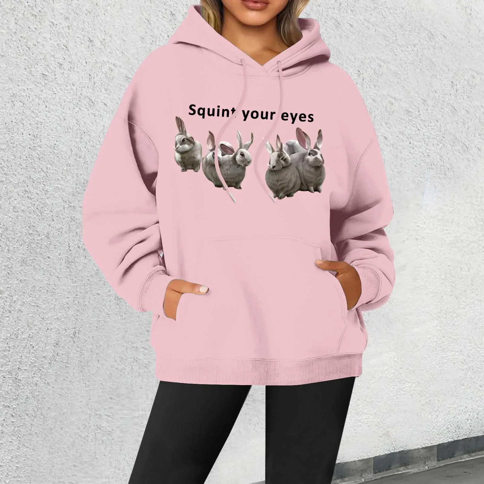 Hot Sale Funny Rabbits Print Squint Your Eyes Hooded Y2k Street Wear Hooded Drawstring Pocket Sweatshirt Women Hip Hop Pullovers