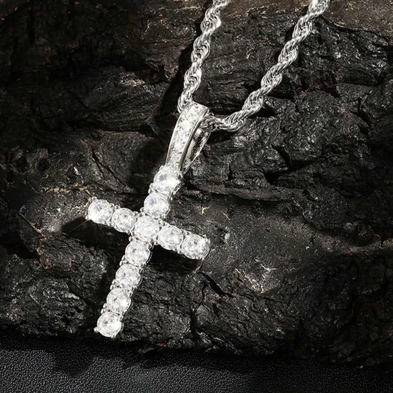 Iced Out Crystal Zircon Cross Pendant Necklace Silver Plated Twisted Chain Necklaces For Men Women