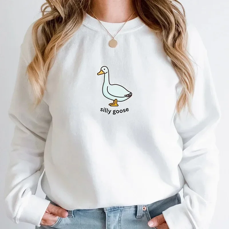 Funny Silly Goose Crewneck Graphic Sweatshirt Women Cute Animal Hoodies O Neck Unisex Jumpers Long Sleeve Fall Women Clothes