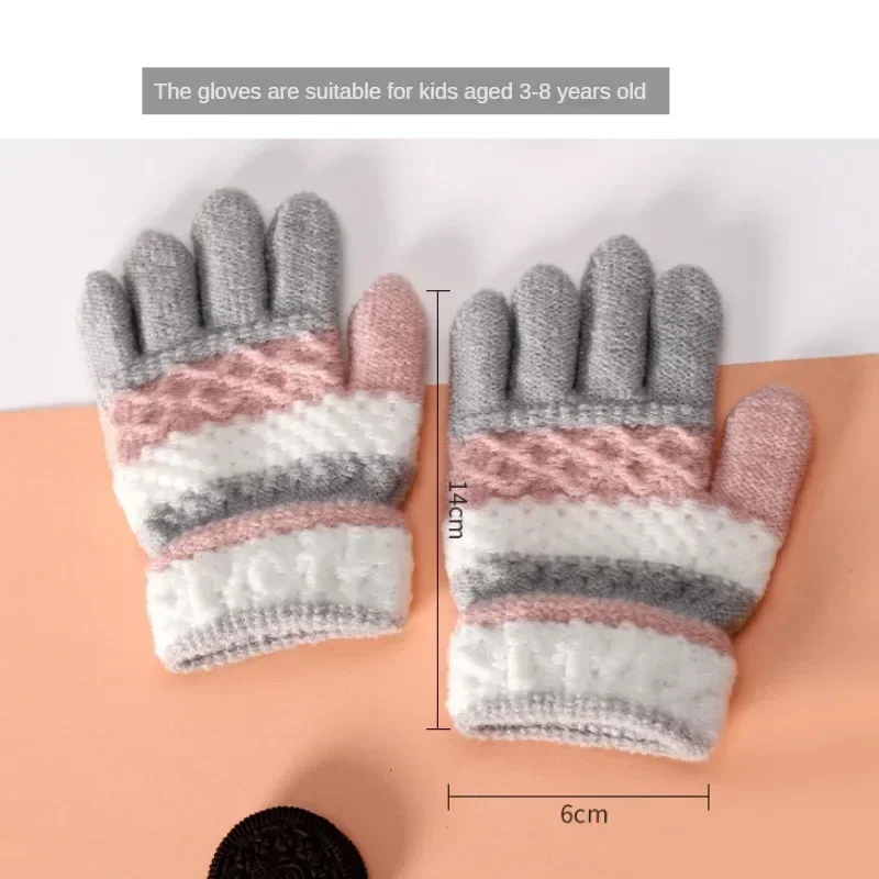 1Pair Winter Warm Cotton Baby Gloves Cute Kawaii Children Striped Split-finger Kindergarten for Boys Girls Kids Knitted Gloves