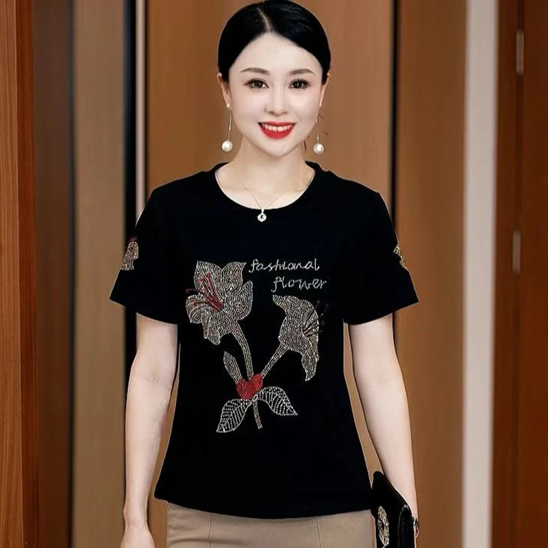 Women High Elasticity Beautiful Maple Leaves Lily Fashion Hot Drilling Y2k Tops Mother Summer Pink Short Sleeve New Top