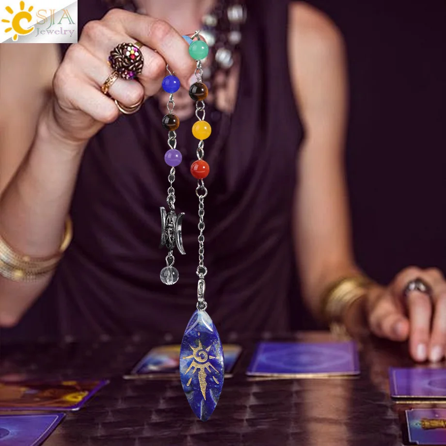 Péndulo de piedra Natural CSJA para adivinación Wicca Ojo de caballo cristal Reiki sol símbolo colgante cuarzo transparente colgante espiritual H560