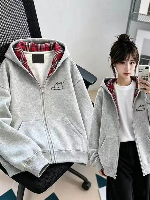 Korean Style Cute  Plaid Splicing Hoodie Fleece Lined Casual Outerwear for Girls Autumn Winter Anti Aging Design Sense