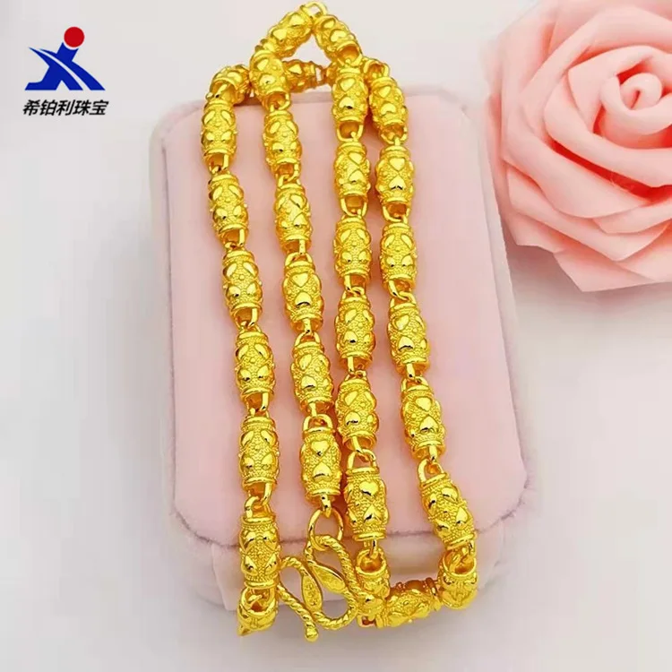 Men's 24K Gold AU999 Heart & Olive Bead Necklace - Even beads, heavy texture, value-preserving, for shirts & hoodies
