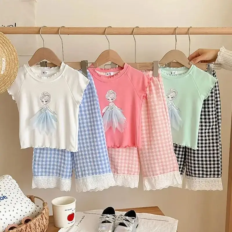 Toddler Girls 2-Piece Summer Outfit Cartoon Print Ruffles T-shirts+Lace Plaid Pants 2Pcs for Kids Thin Children Clothes Sets