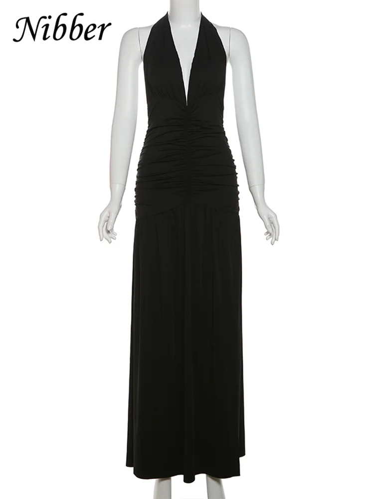 Nibber Elegante Frauen Lange Kleider Solide Hipster Halter V-ausschnitt Backless Raffen Side Split Vestidos Weibliche High Street Neue Robe