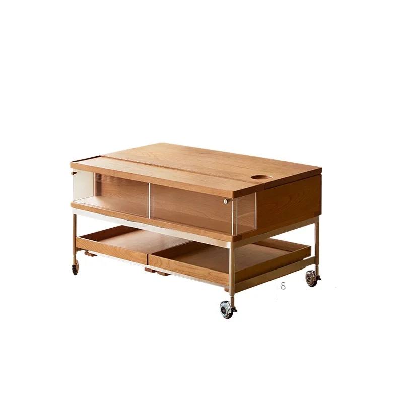 

Folding solid wood coffee table Cherry wood removable living room log pulley storage tea table