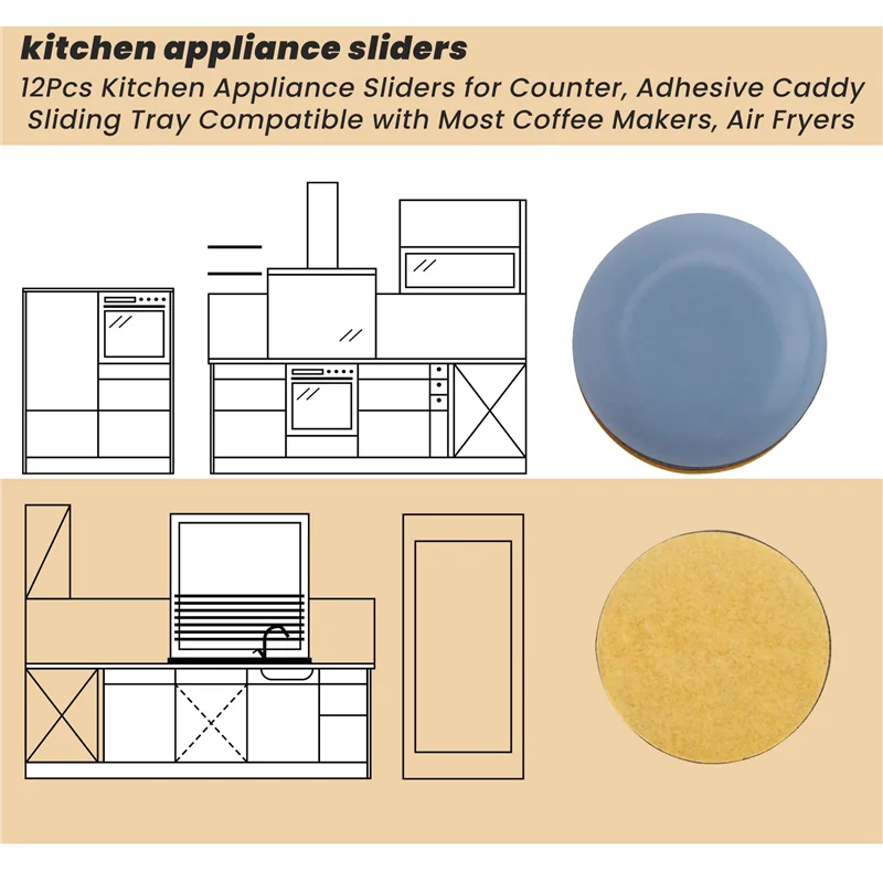 A68M-12Pcs Kitchen Appliance Sliders For Counter, Adhesive Caddy Sliding Tray Compatible With Most Coffee Makers, Air Fryers