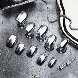 10PCS Handmade Fake Nails Press on Designs Full Cover Short Manicure Reusable Wearable False Nails Silver Punk Finger Tips Art
