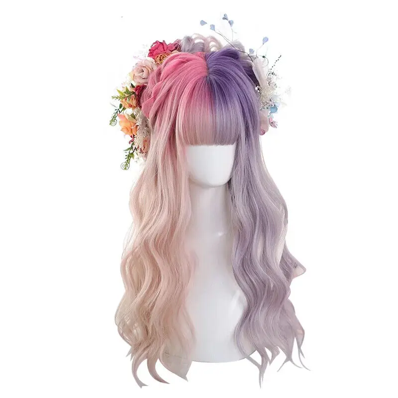 Pink And Purple Gradient Lolita Wigs Long Wave Cosplay Bangs Harajuku Hair