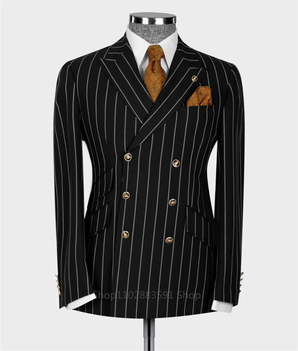 Black Striped Latest Design 6 Buttons Men Suits Double Breasted Slim Fit Jacket Blazer Only Business Formal Costume Homme