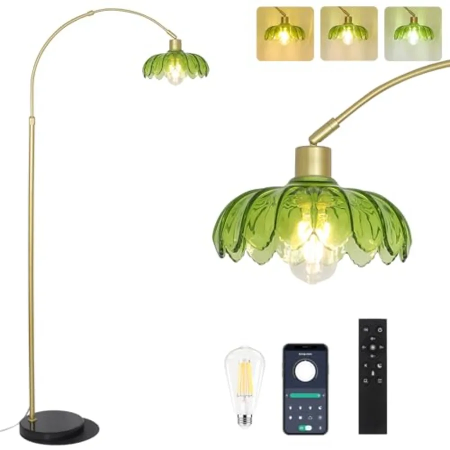

Arc Floor Lamps for Living Room Gold Floor Lamp with Remote Glass Standing Lamp for Bedroom Green Flower Lamp with LED Bulb Hei
