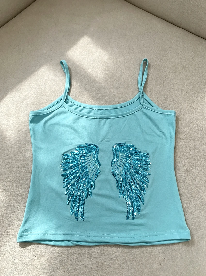 Y2K Mode Damen Einfarbige Camisole Tops mit Rückenflügel-Pailletten-Design, Schlanke Kurze Ärmellose Tanktops mit Spaghettiträgern für den Sommer und Clubwear – Detail 7