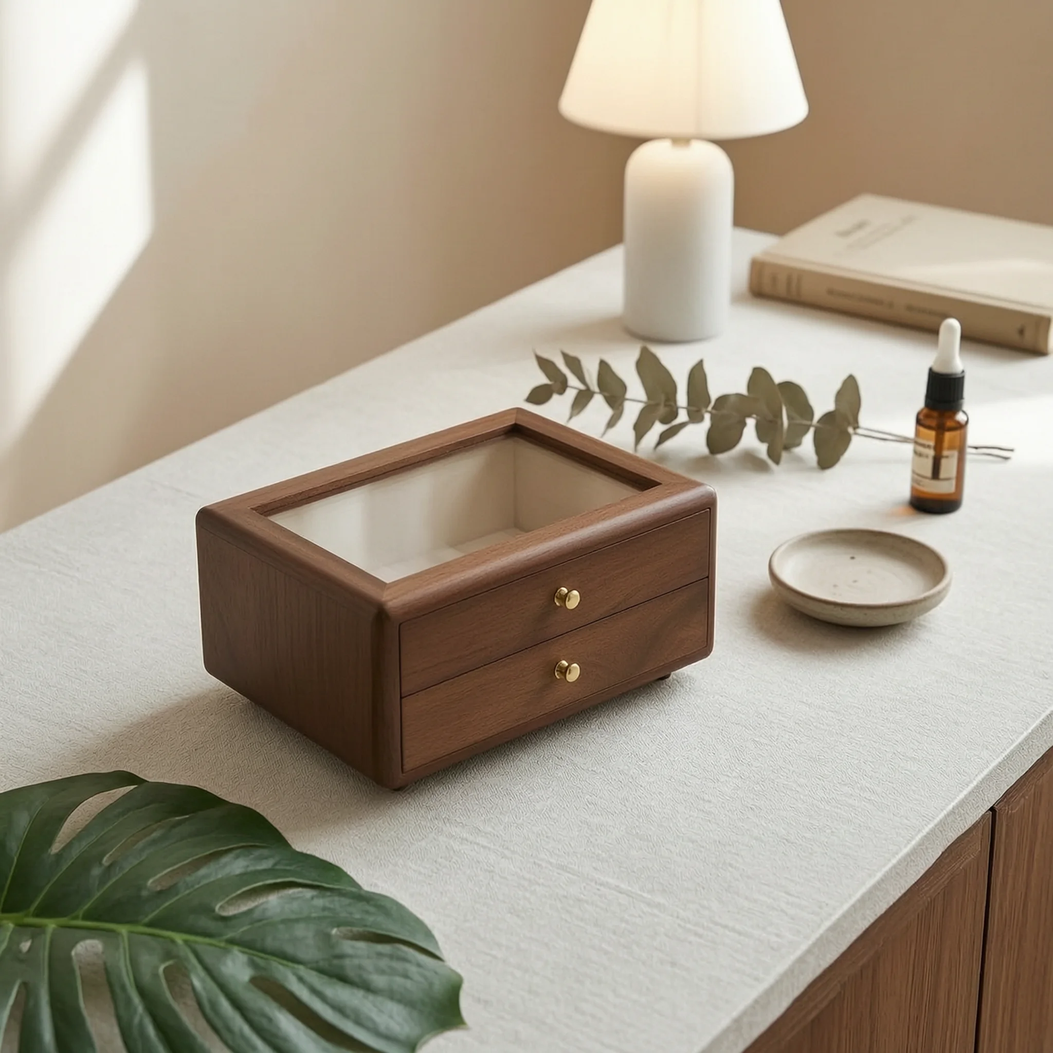 Jewelry Storage Box Clear-Top Jewelry Box with Glass Lid Accessory Keeper Transparent Dustproof for Women, Dresser, Vanity