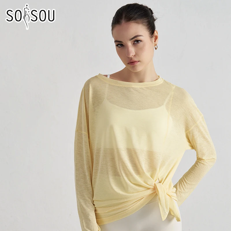 

SOISOU Polyester Mesh Sports Coverall Long Sleeve Quick Dry Running Shirt Loose Fitness Apparel Breathable Yoga Tops Women