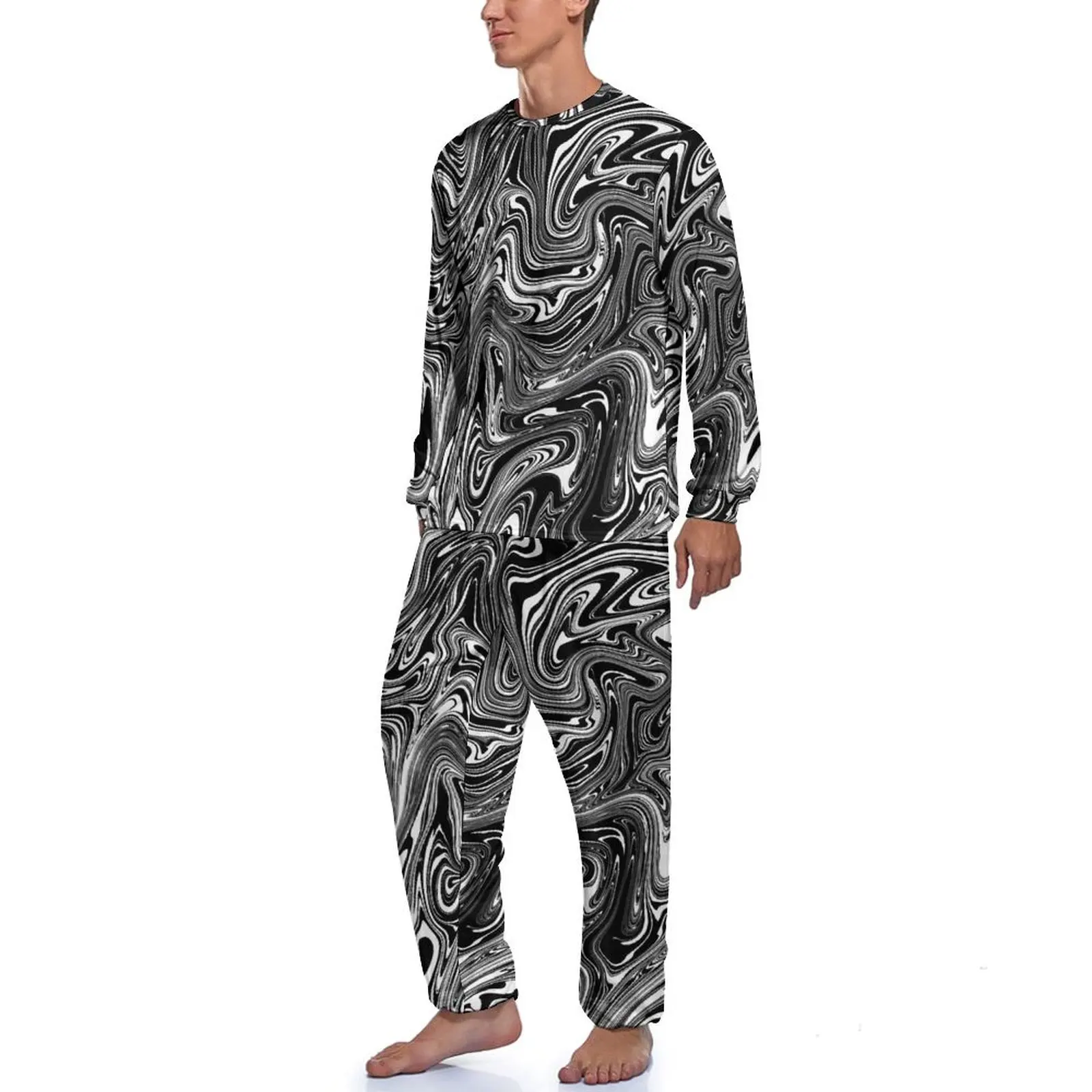 Liquid Marble Pajamas Male Abstract Print Retro Nightwear Autumn Long Sleeves 2 Pieces Sleep Design Pajamas Set