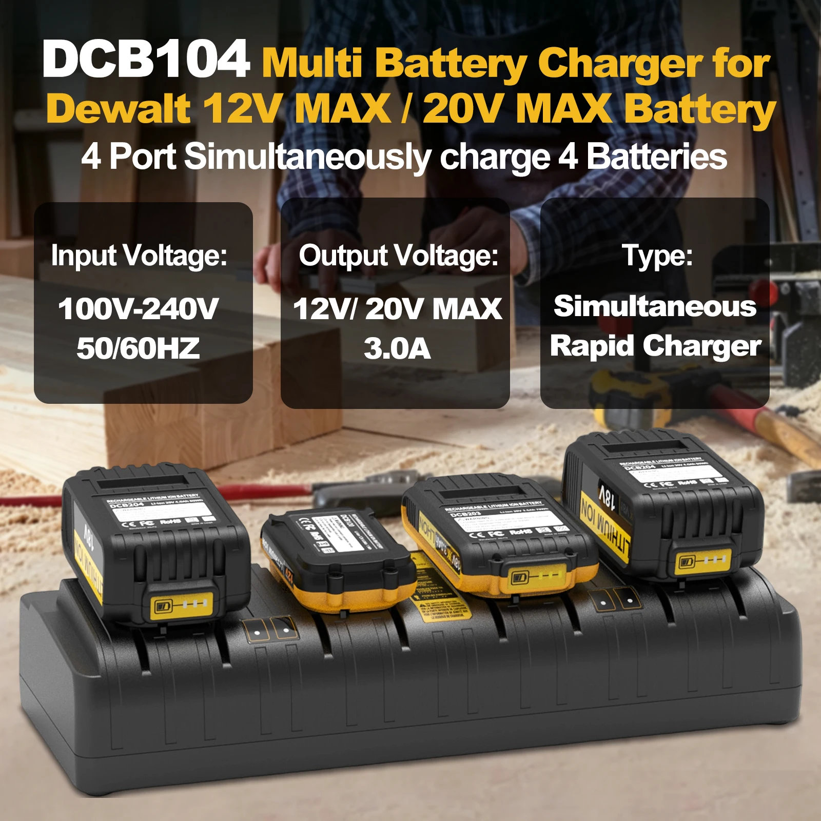Ładowarka DCB104 do akumulatorów Dewalt 12V 20V, 3A, podwójna ładowarka 4-portowa do akumulatorów litowych Dewalt 20V DCB120 DCB112 DCB206 DCB208 — zdjęcie produktu 3