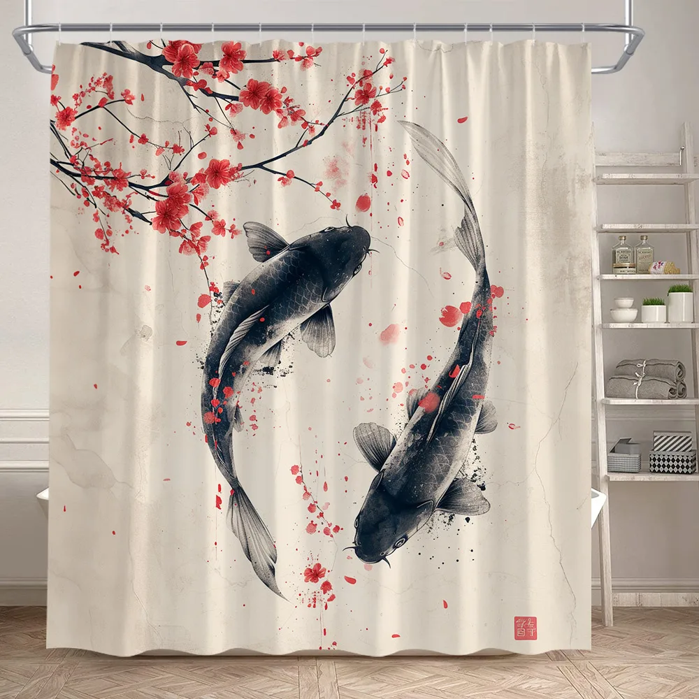 Floral Koi Carp Shower Curtains Fish White Lotus Green Leaves Plant Japanese Style Art Modern Polyester Bathroom Curtain Decor