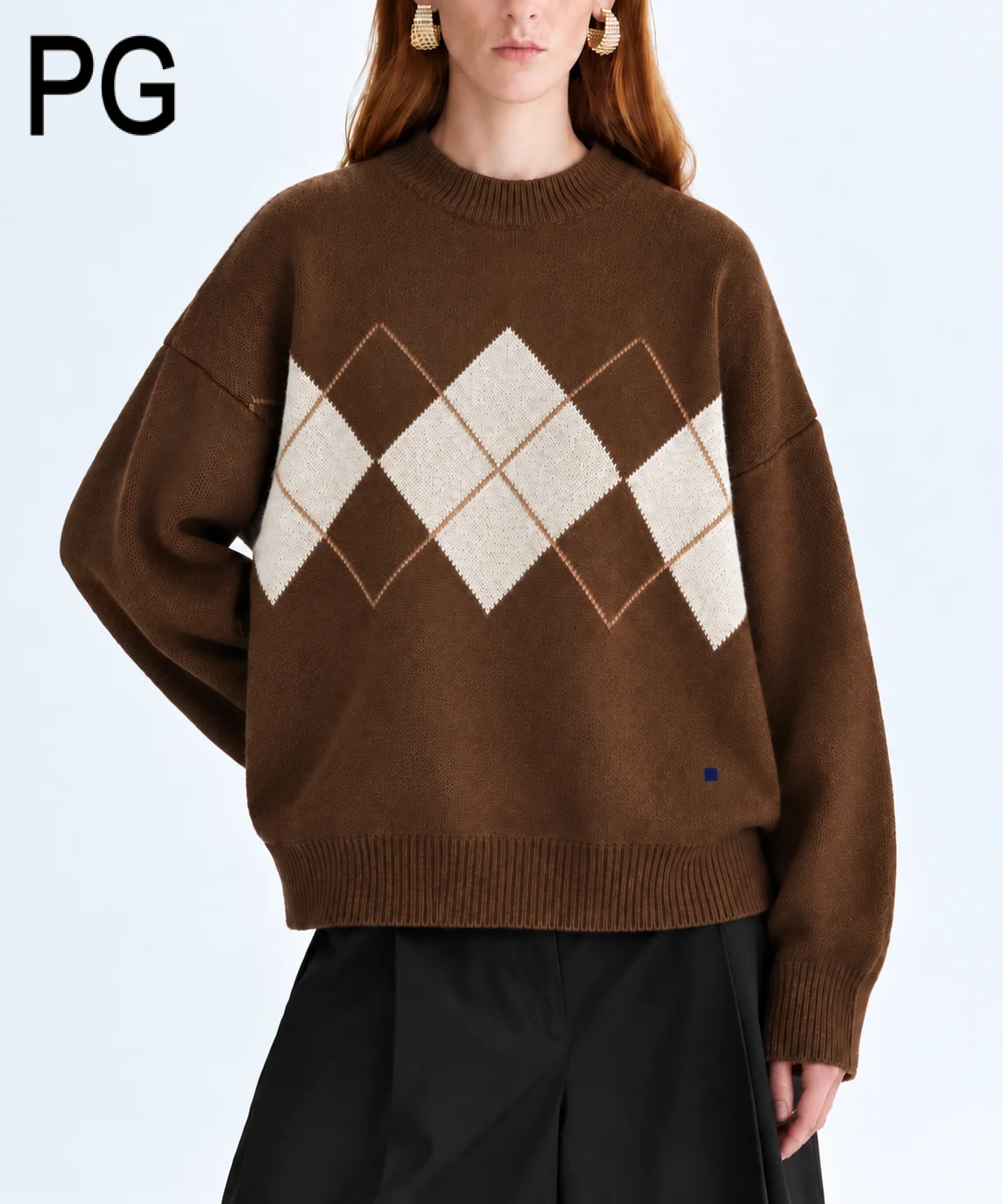 PG Casual Argyle Pattern Knit Sweater Yellow White Diamond Check Crew Neck Long Sleeve Loose Pullover Autumn Winter Daily Wear