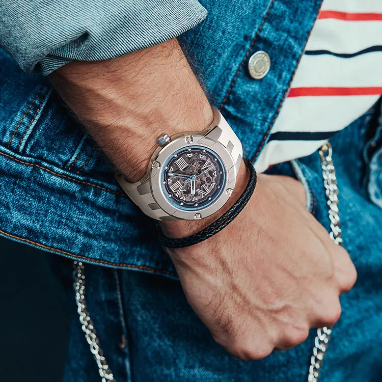 

BONEST GATTI Мужские автоматические часы 42 мм Механические наручные часы Водонепроницаемый скелетон с сапфировым стеклом Светящийся ремешок из фторкаучука