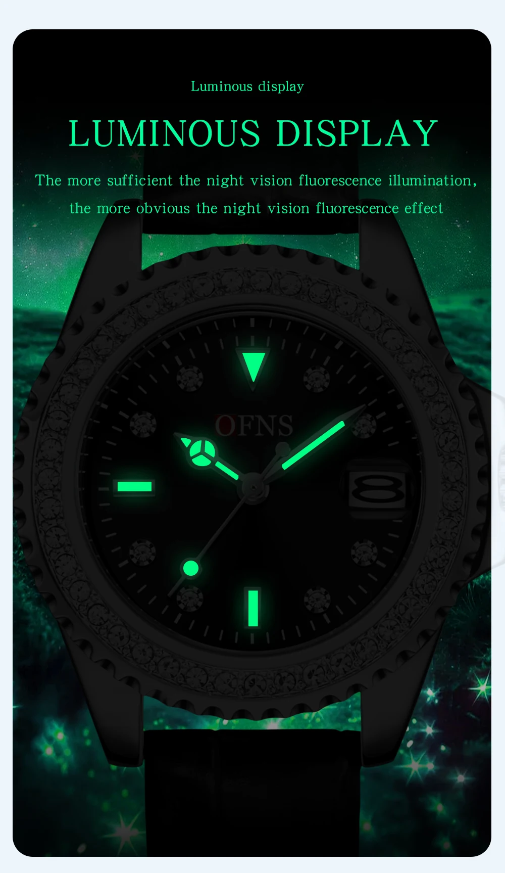 OFNS nuevo 1563 reloj de cuarzo Retro para mujer calendario fantasma de agua verde con incrustaciones de diamantes reloj de cuarzo de lujo resistente al agua para mujer