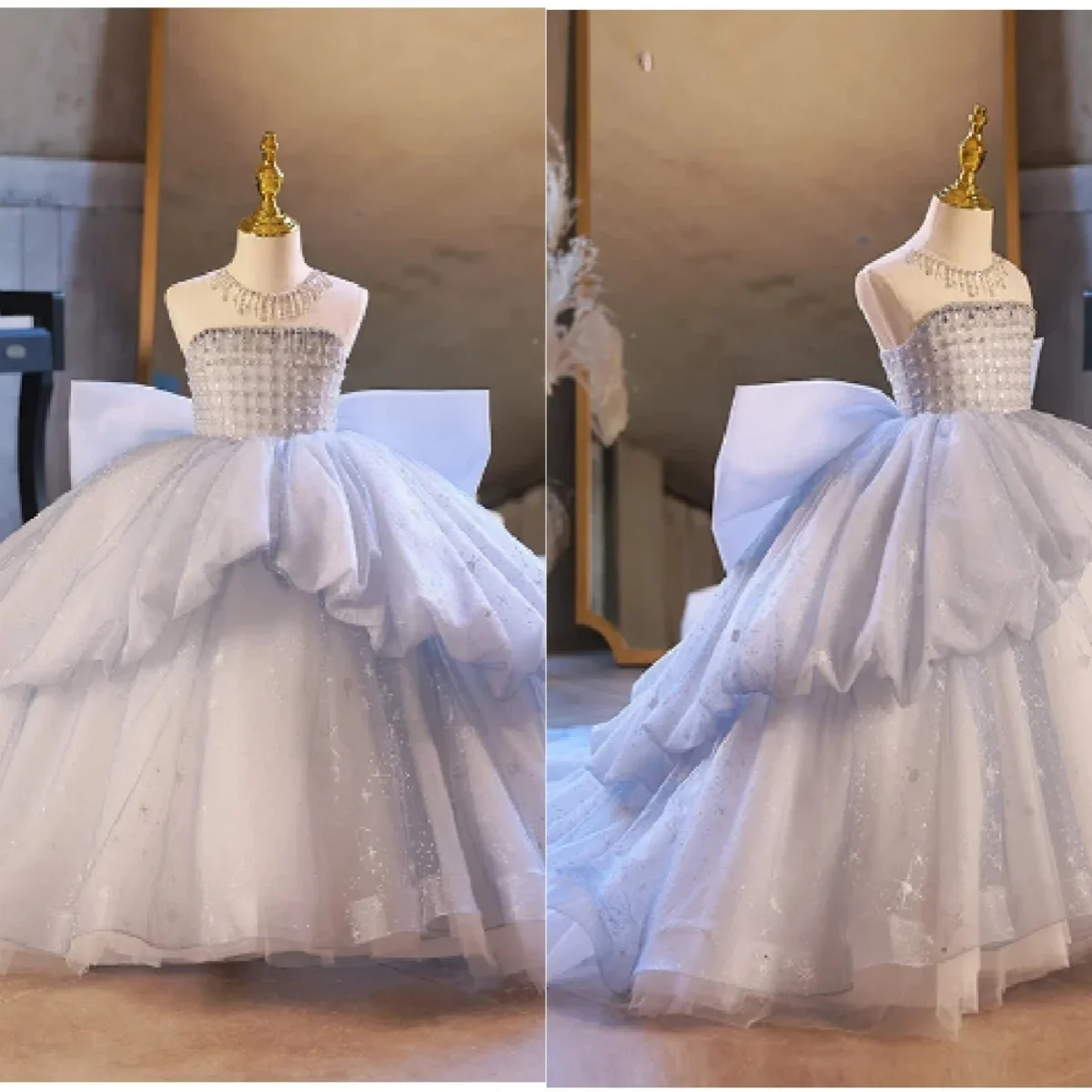 Blue Flower Girl Dress For Wedding With Bow Beaded Ruffles Floor Length Girl Kids Birthday Ball Gowns First Holy Communion Gown