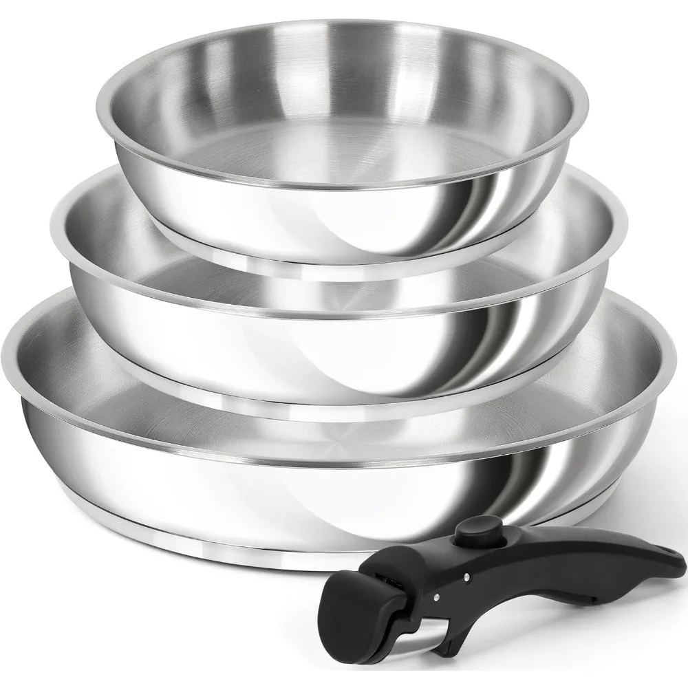 MICHELANGELO Stainless Steel Frying Pan Set Cooking Pans with Removable Handle Triply Base Stainless Steel Pan Set