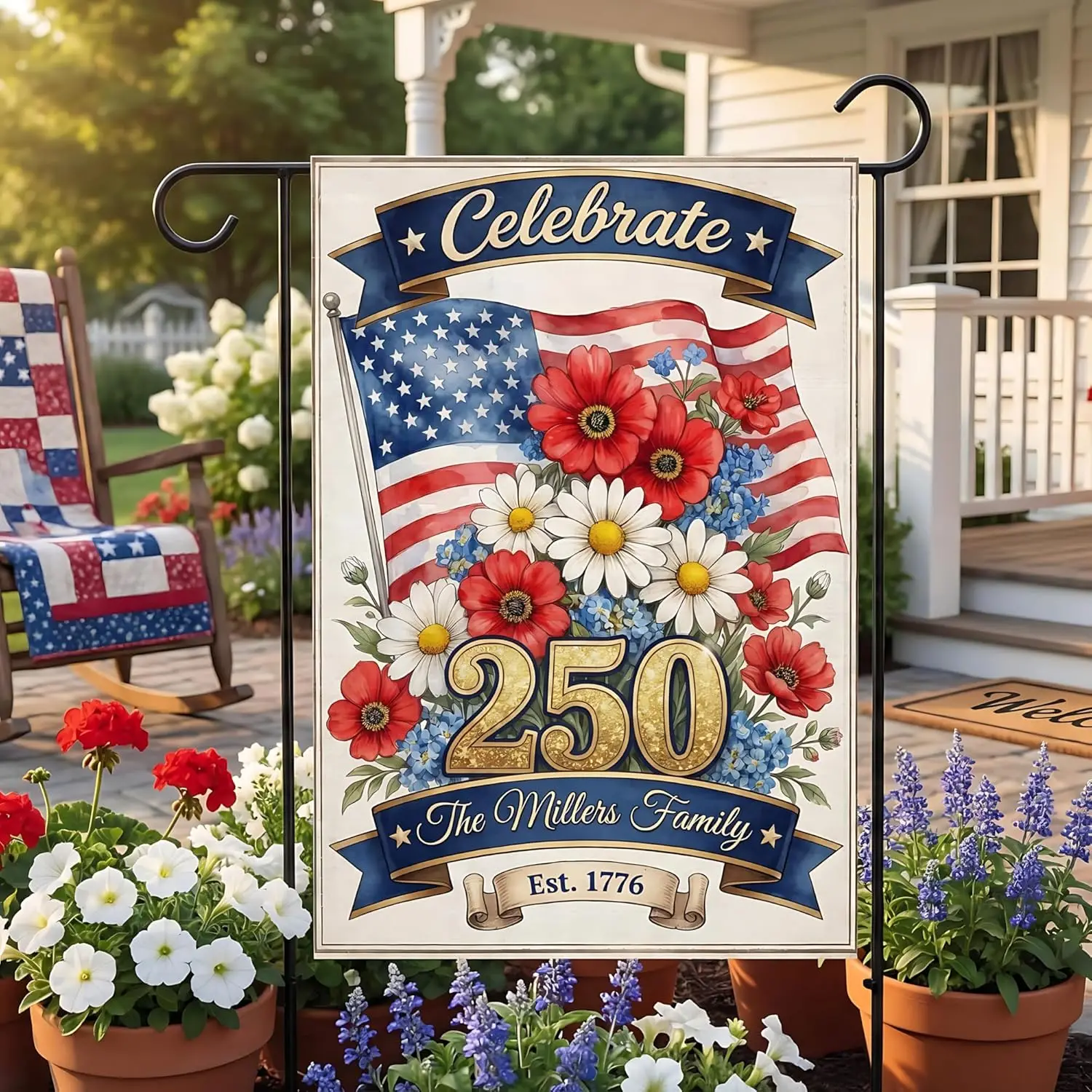 Personalized USA 250th Anniversary Garden Flag Custom Family Name Patriotic Yard Banner Celebrate 250 Independence Day Outdo MMZ