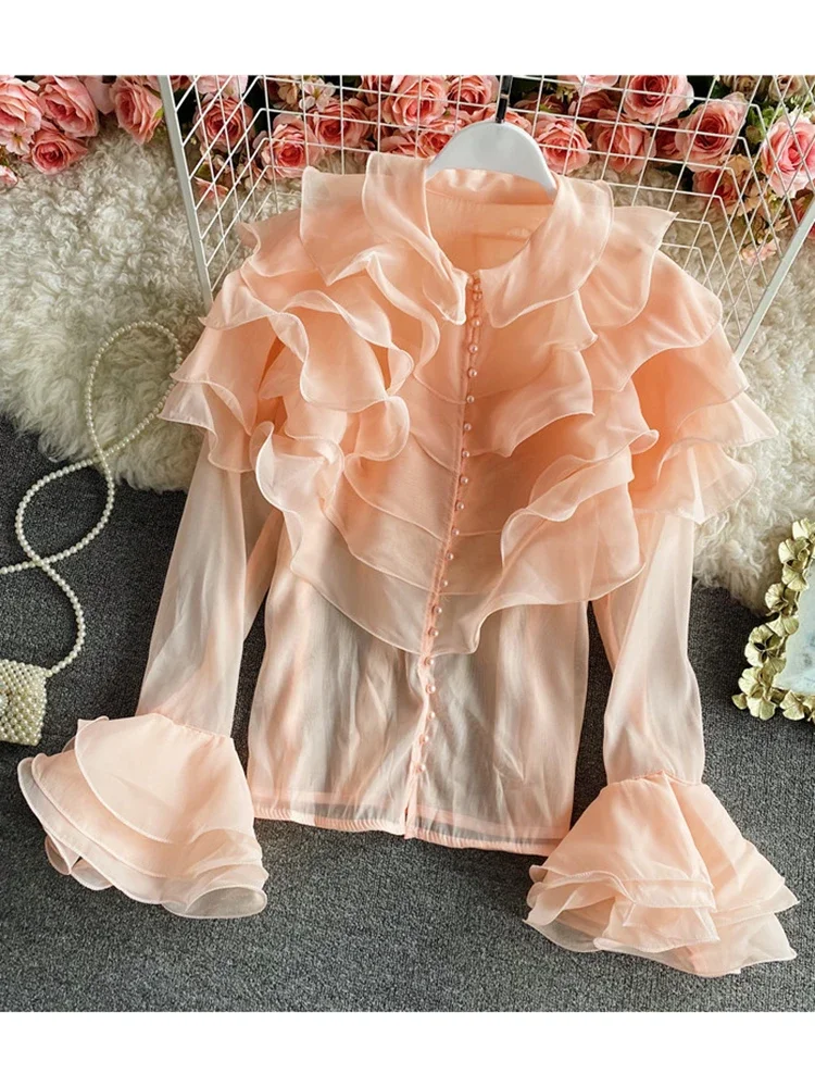 Women Springr Shirt Temperament New French Super Fairy Layer Ruffle Shirt Perspective Western Style Top Flare Sleeve D2798