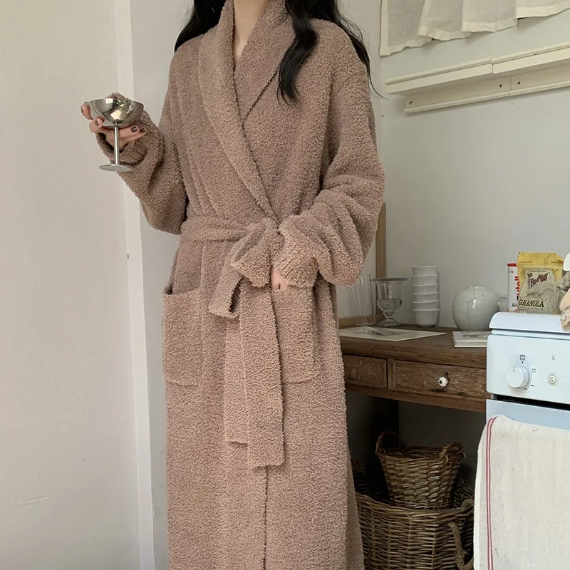 Soft Coral Fleece Striped Open Cardigan Belted Long Sleeve Cute Robe Loose Sleepwear Home Clothes for Women Youth All Seasons