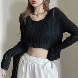 Spicy Girl Exposed Navel Knitted Sweater Women's New Design Sense Basic Cover Shirt Hollow Long Sleeved Top Women