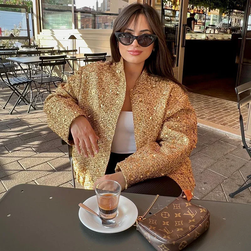 

Shiny Sequin Bomber Jacket For Women Long Sleeve Stand Collar Glitter Gold Coats Female Winter Autumn Loose Vintage Outerwear