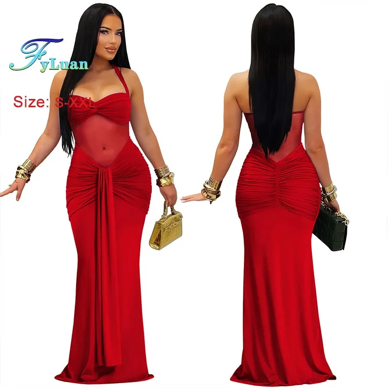 New Fashion Women Clothing Sexy Nightclub Party Long Dress Sheer Mesh Halter Dress Solid Color Sleeveless Backless Cocktail Gown