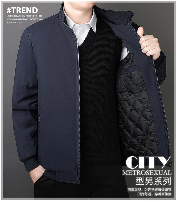 Oversize Fleece Lined Cotton Jacket Men Autumn Winter Thick Warm Business Stand Collar Coat For Middle Aged Fathers Daily Formal