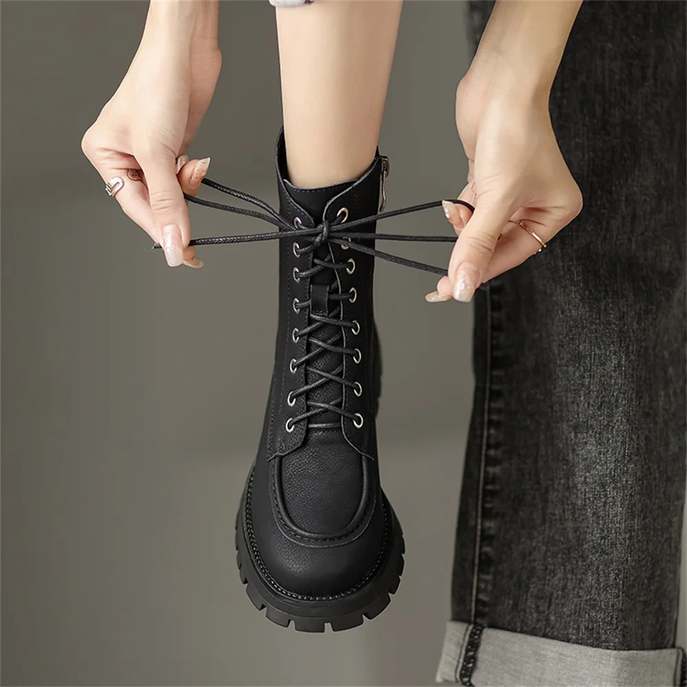 Taoffen Genuine Leather Women Chunky Motorcycle Boots 2023 Chic Thick Bottom Platform Olive-green Lace Up Boots With Zipper