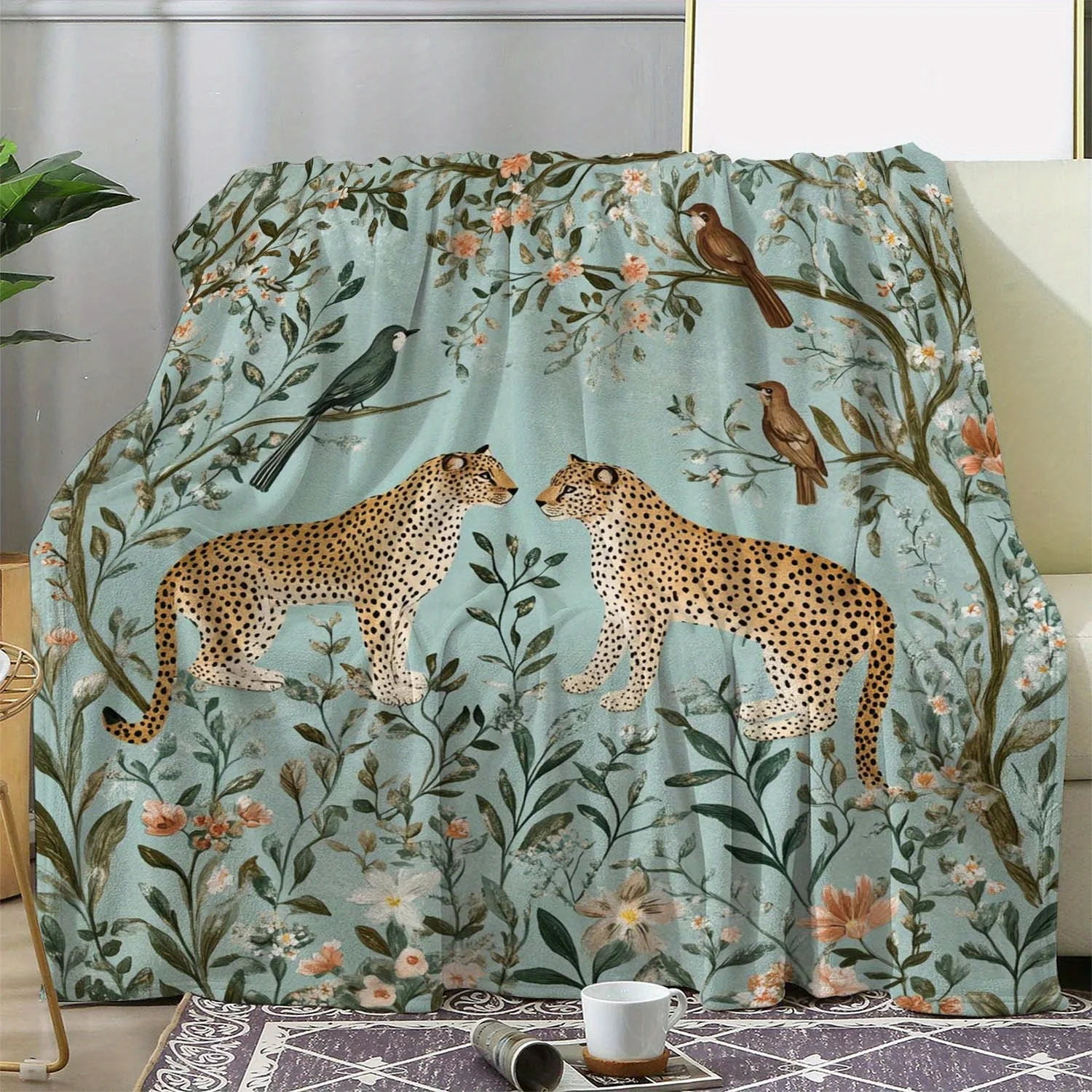 Charming Leopard Fleece Blanket - Soft and Cozy with Exotic Birds and Floral Design Perfect for Home Decor Ideal Gift for Nature