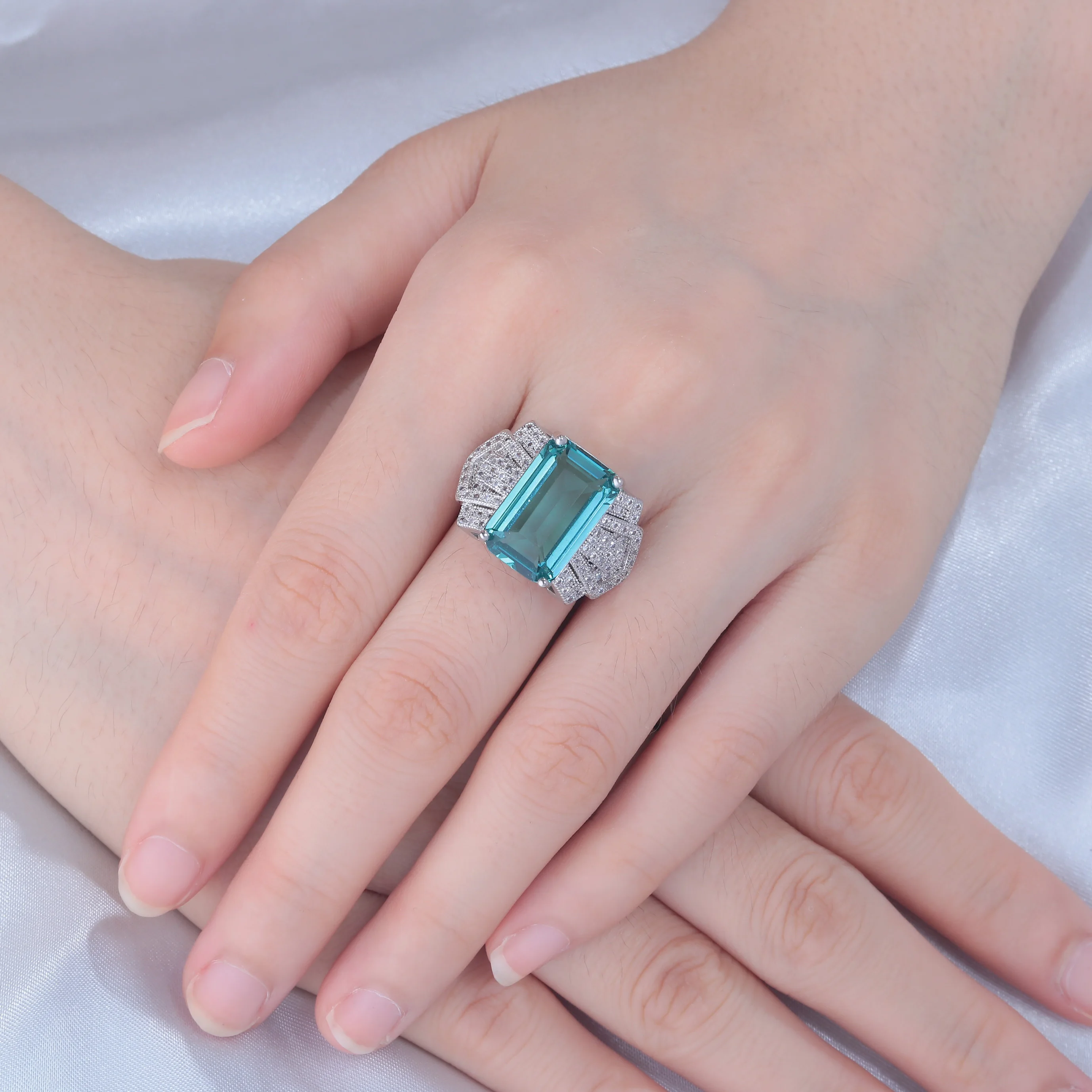 CiNily Aquamarine Ring For Women Light Blue Topaz Gemstone Delicate Ring Jewelry Art Geometric Design