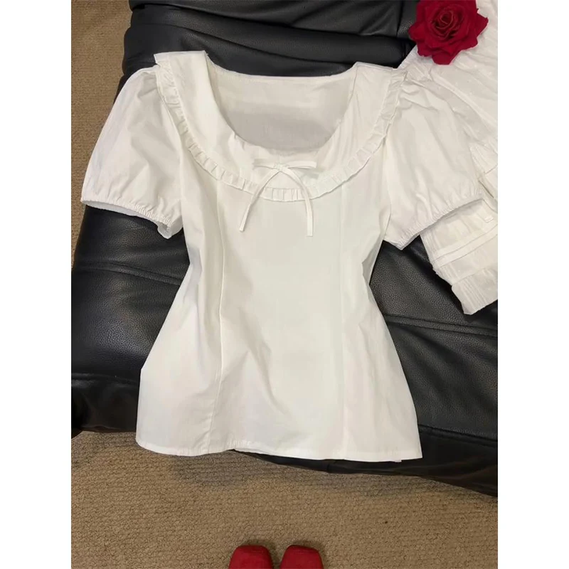 

French Sle Slim Fit ort Sve Bubble Sve irt Женский белый летний модный антивозрастной топ Wood ain Design