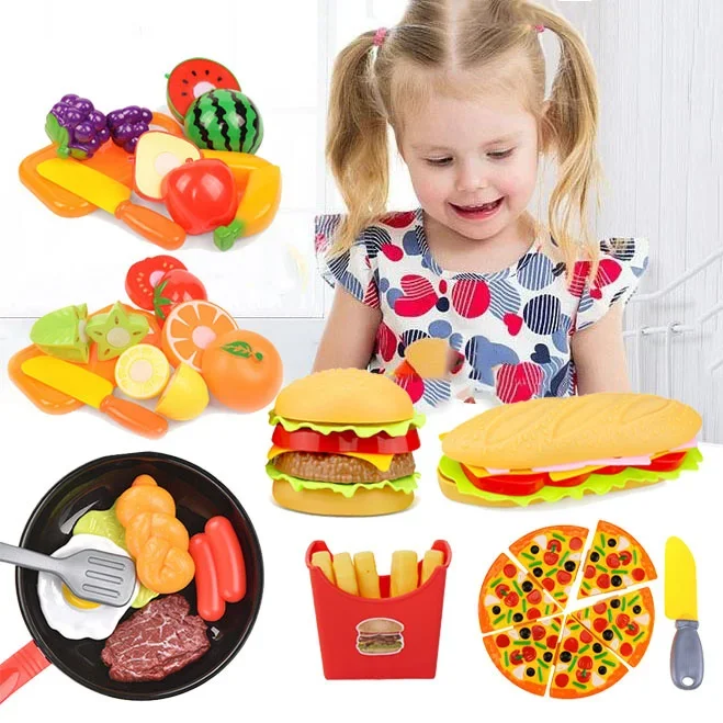 Brinquedo crianças fingir simulação comida cozinha jogar conjunto de alimentos panelas pote hambúrguer cachorro quente batatas fritas pizza brinquedos interativos para crianças