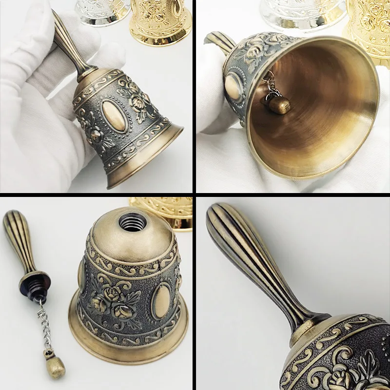 Retro Metalen Hand Call Bell Multi-Purpose Bells for Craft Wedding Decoration Alarm School Church Classroom Bar Hotel Bell