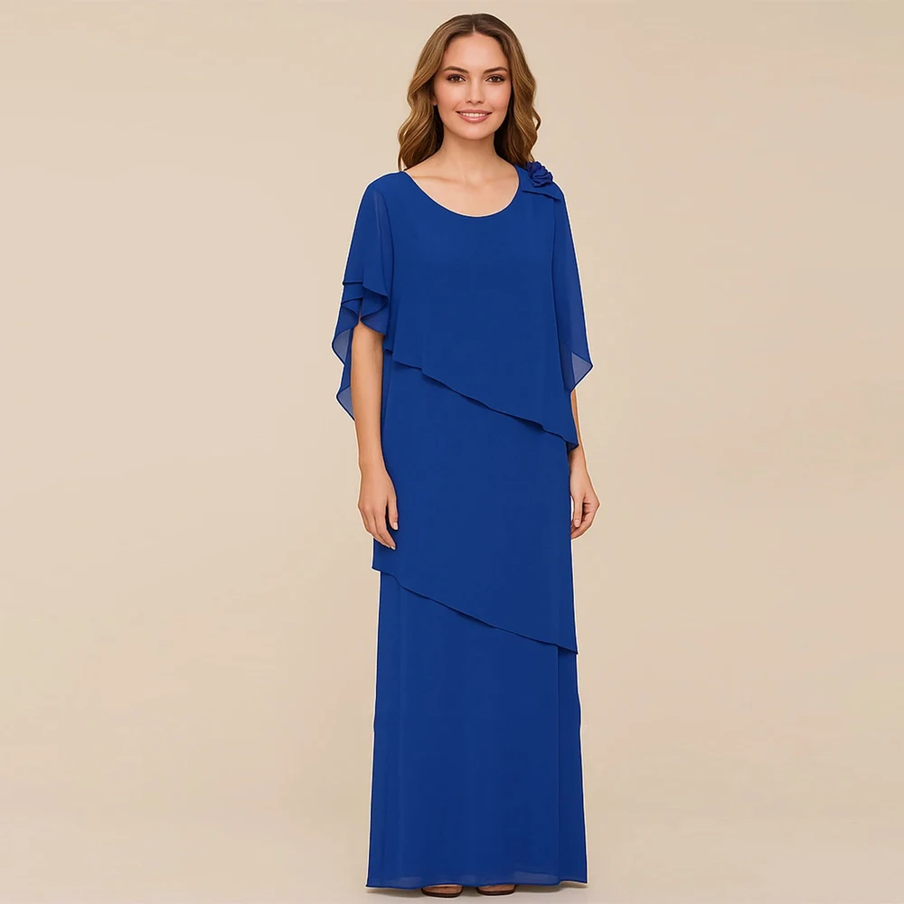 Customized Mother of The Bride Dress Short Sleeves Scoop Neck Tiered Chiffon Column Floor Length for Wedding Guest Party Gowns