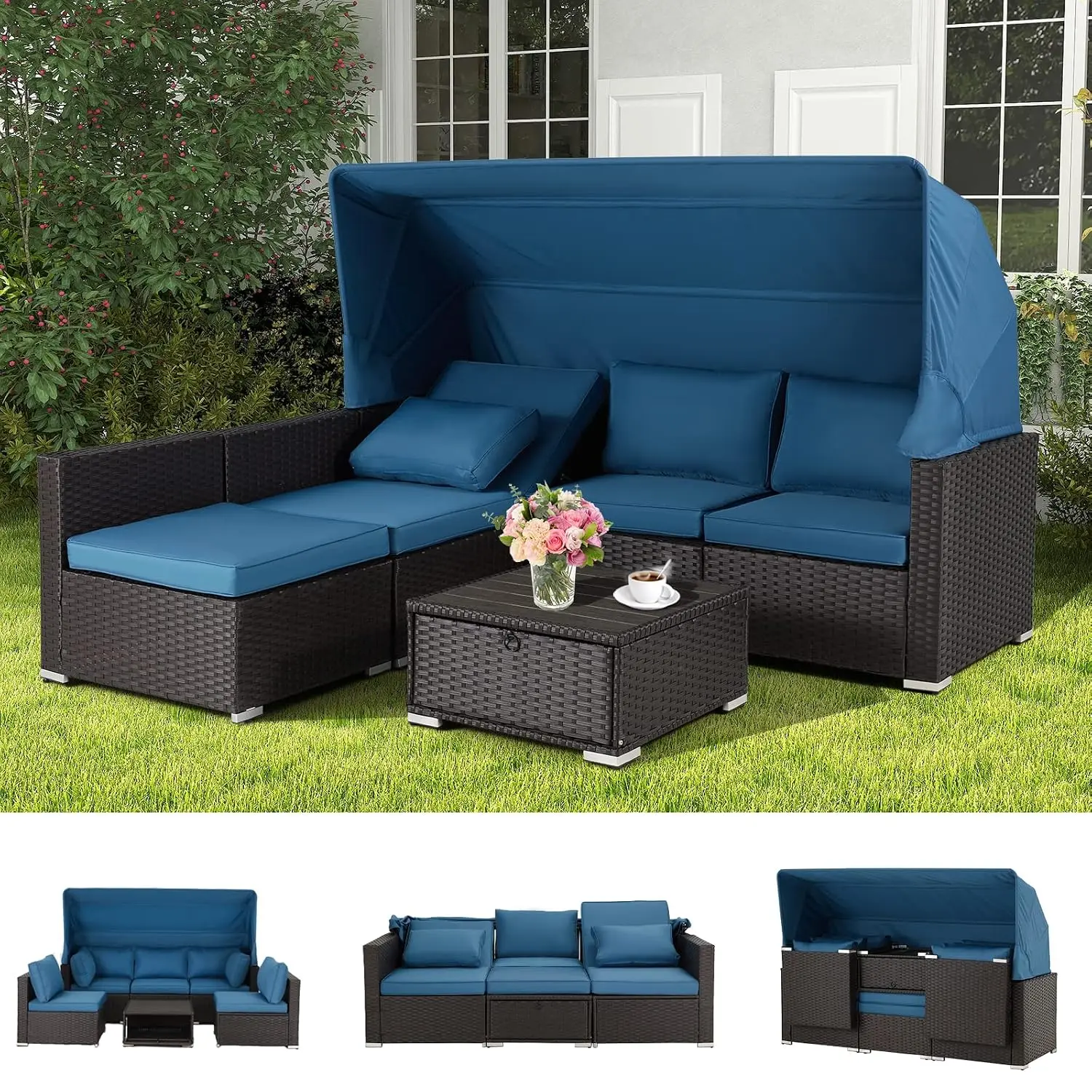 6pc Patio Sectional Sofa Rattan Daybed Retractable Canopy Adjustable Backrest Storable Tea Table Sunbed Garden , Customized