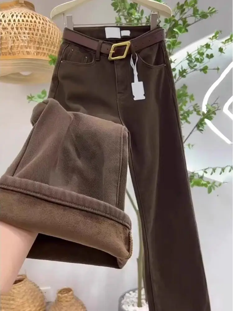 Thickened Fleece Lined Wide Leg High Waist Jeans Women's Loose Fit Winter Warm Coffee Color Straight Tube Trousers Trendy