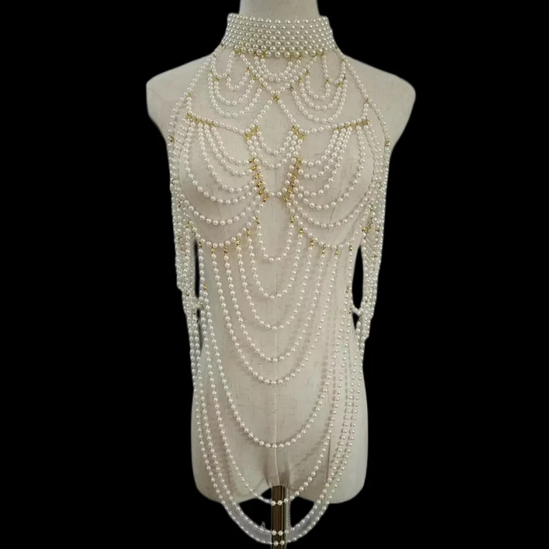 

Sexy Accessories Women Bikini Pearl Chest chain Body Chain Jewelry Totally Hand-made Bra Fringed For Beach Nightclub Waist Chain